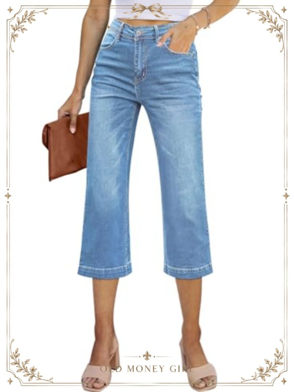 Women's High Waisted Wide Leg Capri Jeans Stretchy Denim Cropped Pants